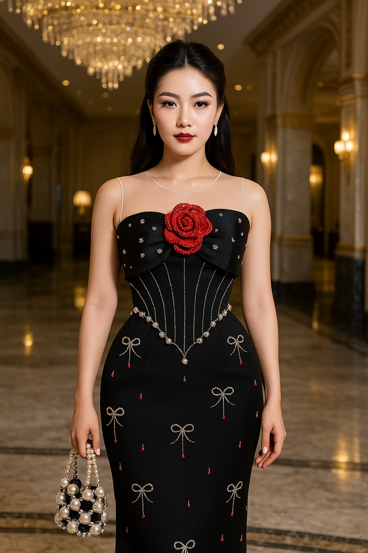🌹✨ BLACK AND PINK RED DRESS – ELEGANT BEAUTY IN EVERY EVENT