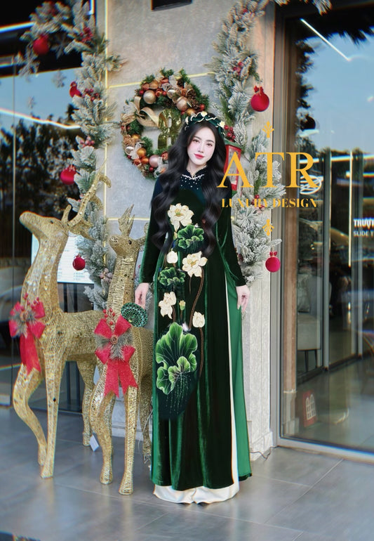 GREEN VELVET AO DAI - DEEP YELLOW LOTUS